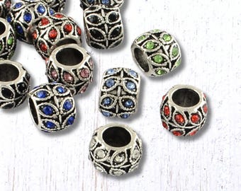 Large hole metal European beads with rhinestones, 20 pcs, 10x7.5mm assorted colors with leaf design for DIY garden stakes, jewelry (C0117)