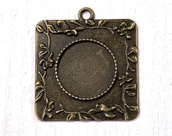 5 square cabochon pendant blanks, bronze leafy vine tray for DIY jewelry, leaf edge bezel settings for bouquet charms, 40mm, 20mm round tray