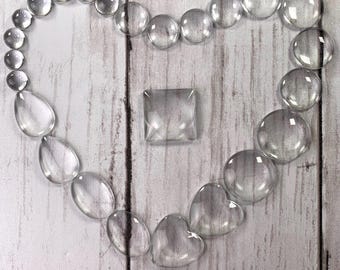 Clear glass cabochons, glass on glass mosaic supplies, cabochons for pendants, assorted size and shape glass cabochon set, DIY gifts 130 pcs