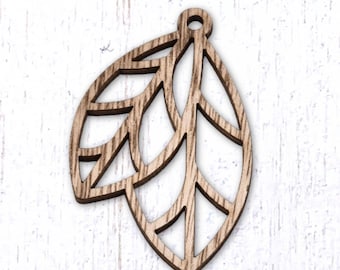 10 leaf wood pendants, 65.5x40.5mm laser cut pendants, double leaf pattern for nature-inspired crafts