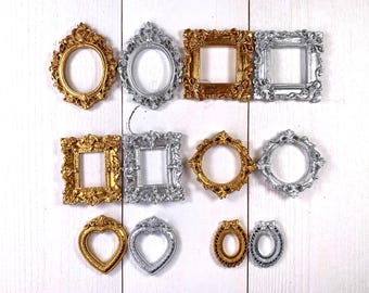 Set of 6 or 12 mini frames for crafts, assorted silver, gold ornate resin frames, dollhouse miniatures for mini vintage art, 1.5 - 2.5 inch