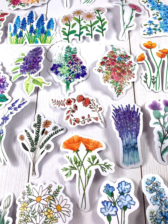 Flower sticker pack, assorted waterproof PVC stickers, boho chic floral bundles, flower head stickers for junk journals, scrapbooking, 48-50