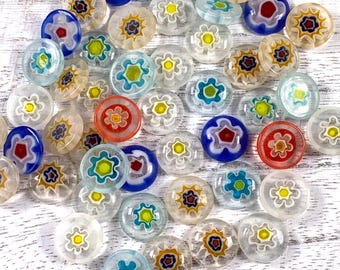 50 millefiori glass round flower cabochons, ~10mm small flat back pillow top cabs with multicolor flowers, for jewelry, mosaics (A0015)