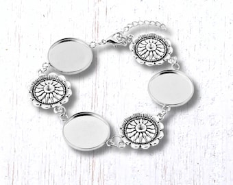 2 floral bracelet blanks for jewelry making, DIY bracelet making supplies with glass cabochons, 20mm bracelet base settings (B0090)
