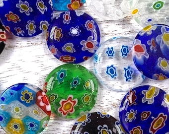 Millefiori glass round flower cabochons, 25 pcs, 15x2.5mm flat back undrilled cabs, glass craft supplies, colorful mosaic supplies (A0015)