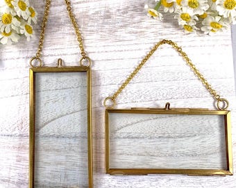 Mini floating frame, hanging frame for pressed flower art, golden brass frame w/ chain, DIY photo ornaments, 1.9x3.9" swing open double pane