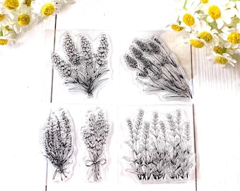 Floral stamp set, 5 silicone floral bundle stamps, lavender and other wildflower bouquets, for scrapbooking, planner, junk journal, cards