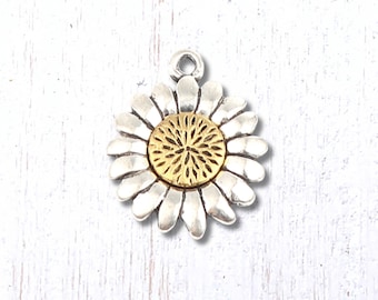 Two tone sunflower charm, 10 pcs, 23x18.5mm gold and silver alloy flower pendant, mixed metal accents for jewelry (G0217)