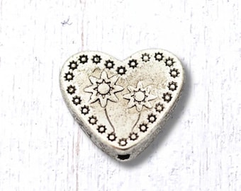 Metal heart spacer beads with flower pattern, 20 pcs, 13x12mm heart shaped floral beads, 1.2mm hole, double sided (L0318)