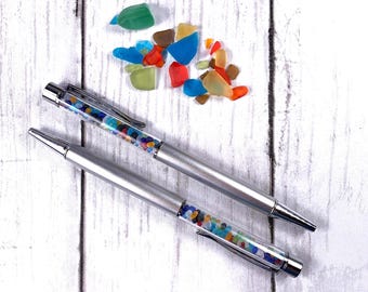 Set of 2 sea glass pens with cultured sea glass, for ocean journal or wedding guest book, for beach lover, holiday coworker gift with pouch
