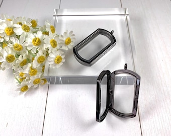 2 magnetic locket pendants, 57mm gunmetal alloy and glass fillable memorial pendant, floating keepsake lockets (A0006)