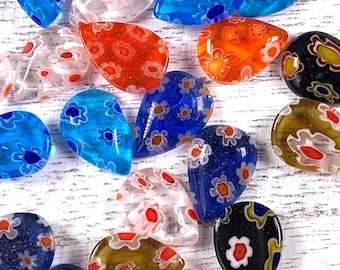 25 pcs millefiori glass teardrop cabochons, tiny 11.5x8mm floral flat back undrilled cabs, assorted colors for mosaics, jewelry (A0015)
