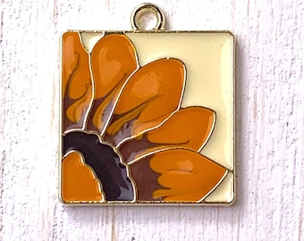 Sunflower square charm, 5 pcs, 20.5×17.5mm enamel with gold-tone and top loop, autumn flower pendant for jewelry making (L0320)
