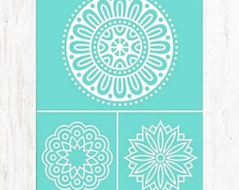 Silk screen stencil, 3 mandala patterns, 8.6x11" self-adhesive stencil for painting, etched glass, wood burning paste, reusable