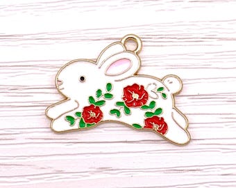 Rabbit with flowers charm, 10 pcs, alloy with enamel 19x26.5mm bunny charms with loop, spring theme charms with light gold finish (L0320)