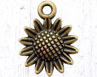 Sunflower charms, 20 pcs, 18.5x14.5mm antique bronze flower charms with loop for nature-inspired crafts (L0304)