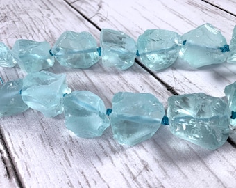 Aqua glass nugget beads, drilled glass irregular beads, chunky glass for DIY crafts, unique glass beads for suncatchers, 3mm hole, 14 pcs