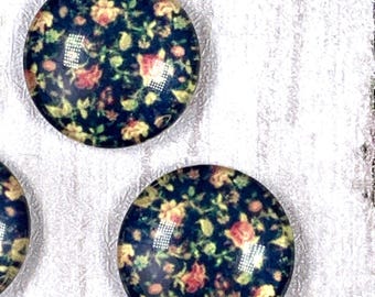 Floral printed glass cabochons for jewelry, 20 pcs, 18mm round flower print flat back cabochons for earrings, pretty glass accents (B0091)
