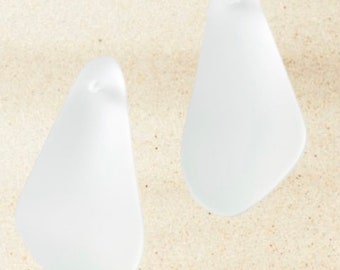 White cultured sea glass teardrop pendants, 24 mm glass pendants for making jewelry, DIY crafts supplies, beachy jewelry ideas, 2 pair set