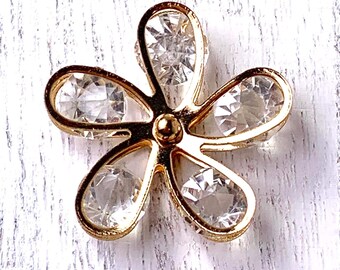 5 golden metal flower accents w/ glass rhinestones, 26mm/1" cabochon, floral embellishments for jewelry, multimedia art, sun catcher (L0314)