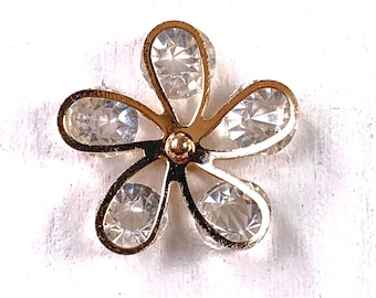 5 golden metal flower accents w/ glass rhinestones, 26mm/1" cabochon, floral embellishments for jewelry, multimedia art, sun catchers