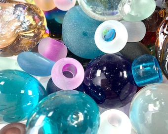 1 pound scrap pieces of glass, grab bag of assorted shapes and colors, frosted, opaque, transparent, broken/defective marbles, beads, gems