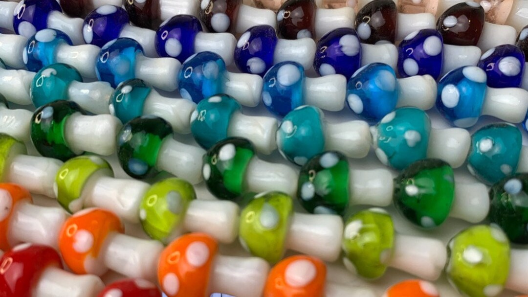 Glass Mushroom Beads, Lampwork Glass Beads, Nature Boho Colorful Beads