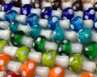 Glass mushroom beads, lampwork glass beads, nature boho colorful beads for bracelets and necklaces, DIY boho jewelry, fun beads 20 pieces