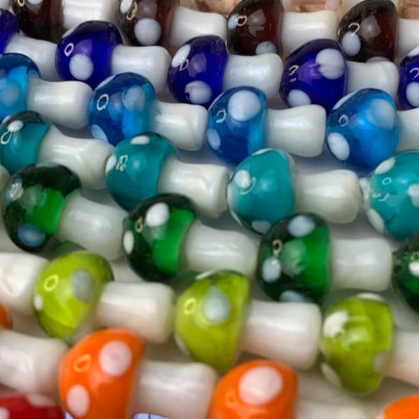 Glass mushroom beads, lampwork glass beads, nature boho colorful beads for bracelets and necklaces, DIY boho jewelry, fun beads 20 pieces