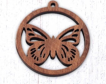 10 butterfly wood charms, 32.5x30mm laser cut pendants, round with open pattern for nature-inspired jewelry