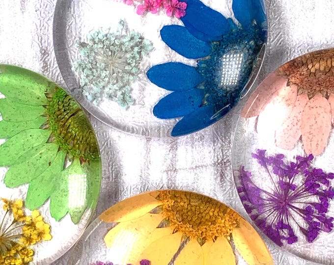 Featured listing image: 5pcs pressed dried flower glass cabochons, 30mm flat back undrilled cabochons for cab trays, assorted mix floral glass accents for DIY gifts