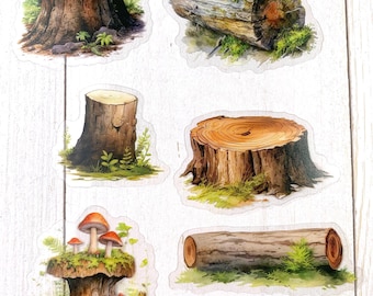 Forest theme sticker pack, 25 woodland die cut nature inspired PET stickers, animals, rocks, tree stumps, signs, transparent border 1.5-2.5"
