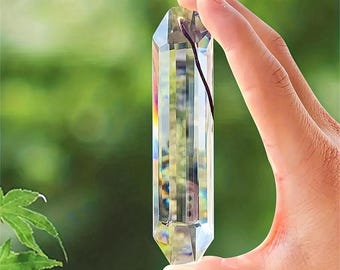 Large rectangular prism pendant, 4.7" (120 x 28 x 15 mm), multifaceted glass rainbow-maker suncatcher