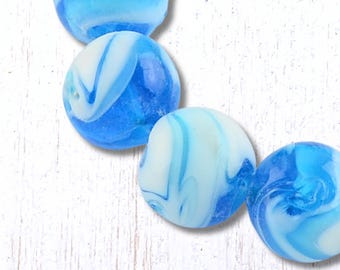 Aqua and white round beads, 10 pcs lampwork glass necklace making supplies, 12-13 mm beads for rosaries, swirl beads for crafting (A0033)