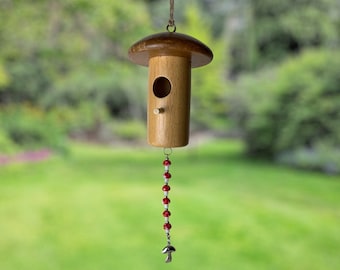 Decorative bird house for outside, hanging hummingbird perch, mushroom toadstool fungi gift for him unique bird watching gift for bird lover