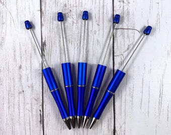 5 beadable blank ballpoint pens, DIY beadable pens with black ink, add a bead party favors, coworker gifts, blue, silver, gold, red or black