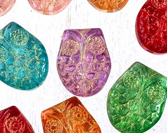 20 glass owl beads with gold wash, 18.5x15mm, random mixed colors, 1.2mm hole