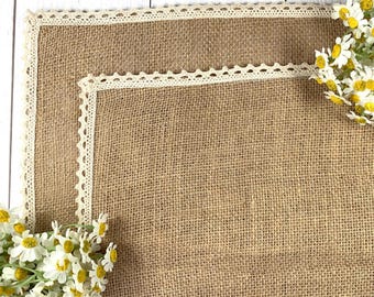 Set of 2 jute placemats with lace trim, rectangle 15.5x12" natural burlap table mat with ivory lace for rustic showers, wedding tablescaping