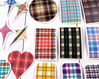 53 plaid stickers, assorted colors and shapes, tartan, gingham, and other plaids, colorful accents for bujo, cards, scrapbooks, junk journal