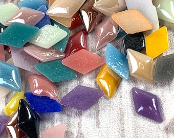 200 pcs porcelain glass rhombus cabochons ~12x7mm small opaque glass diamonds, assorted colors flat back undrilled cabs for crafts (B0080)