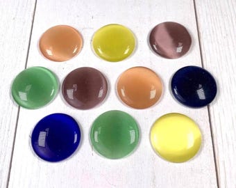 10 cat eye cabochons, translucent colored glass gems for jewelry, flat back pillow dome round cabs for pendant trays, 25mm/.98" (B0088)