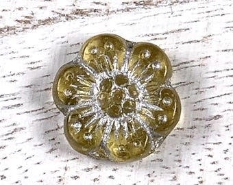 Czech glass yellow with silver wash flower beads, boho floral beads for jewelry, wild rose beads, anemone flower, for crafts, 13.5mm 20 pc