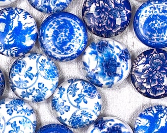50 blue and white printed glass cabochons for jewelry, assorted 14mm printed flat back cabochon for earrings, crafts (B0092)