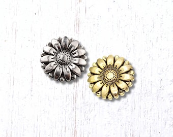 Metal flower buttons, 10 pcs, 17.5mm flower shaped shank button for clasps, leather jewelry, sewing, button art, gold or silver finish
