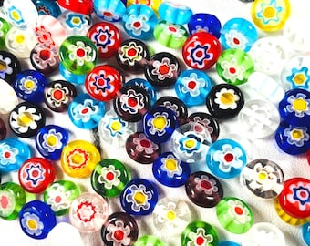 Millefiori glass flat round flower beads, approx 45 beads, 8mm mixed multicolor earring making supplies (A0027)