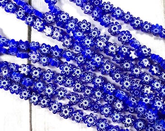 Blue glass daisy beads for earrings, 6-8 mm, approx. 50 pcs millefiori flower beads for jewlery, nature inspired flower shaped beads (A0026)