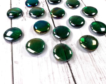 Jumbo iridescent emerald green glass gems, 15 pc, approx 32mm glass garden stones, mosaic glass cabochons, vase filler, table scatter