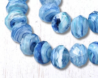 Ocean blue swirl glass beads, 44 pcs, 12x8mm faceted rondelle w/ 1.5mm hole, marbled blue and white like ocean waves or summer skies (A0049)