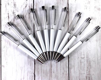 5 fillable pens, empty tube ballpoint pens, DIY snow globe pens, craft blank fillable with glitter, gem chips, colored sand, glass, DIY gift