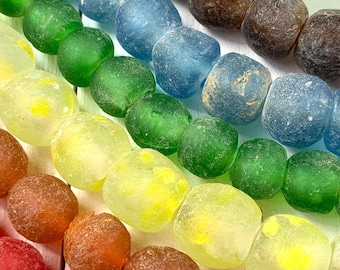 African recycled glass beads, 12-15mm frosted large hole Ghainian beads, for sea glass garland, macrame, and jewelry, 40-50 beads per strand